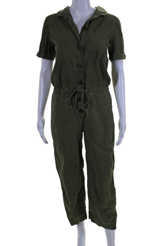SEZANE Womens Textured Collar Button Short Sleeve Jumpsuit Army Green