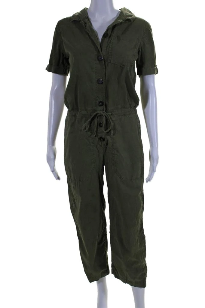 SEZANE Womens Textured Collar Button Short Sleeve Jumpsuit Army Green 1