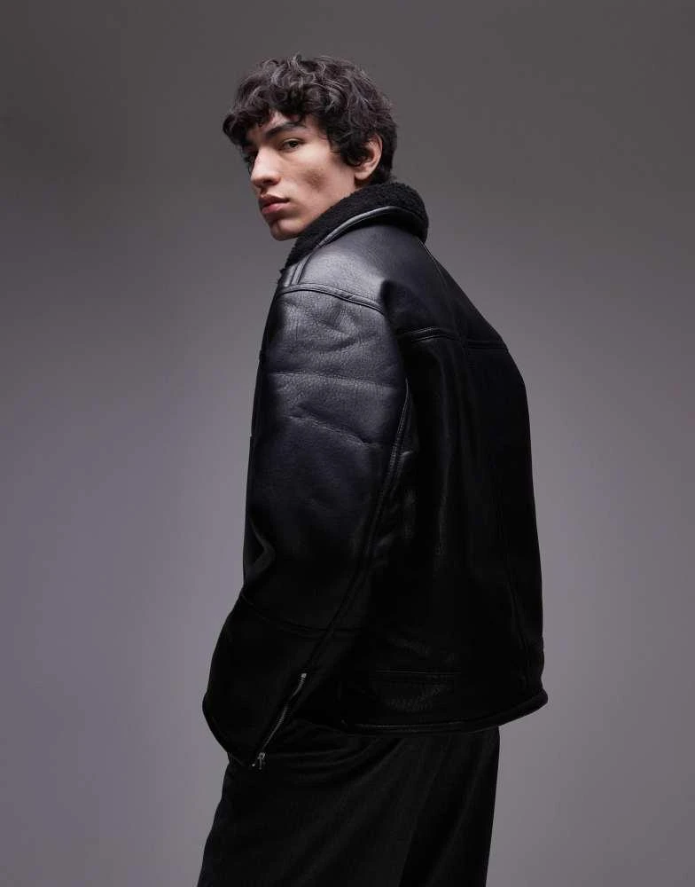 Topman Topman faux leather shearling jacket with pocket detail in black 3