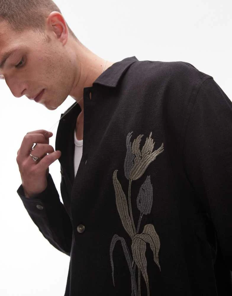 Topman Topman long sleeve embroidered front shirt in black 1