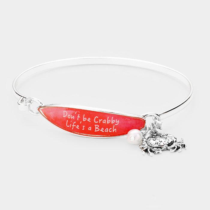 FASHNZFAB Don't be Crabby Life's a Beach Crab Charm Surfboard Hook Bracelet Antique Silver, Red
