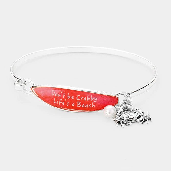 FASHNZFAB Don't be Crabby Life's a Beach Crab Charm Surfboard Hook Bracelet Antique Silver, Red 1