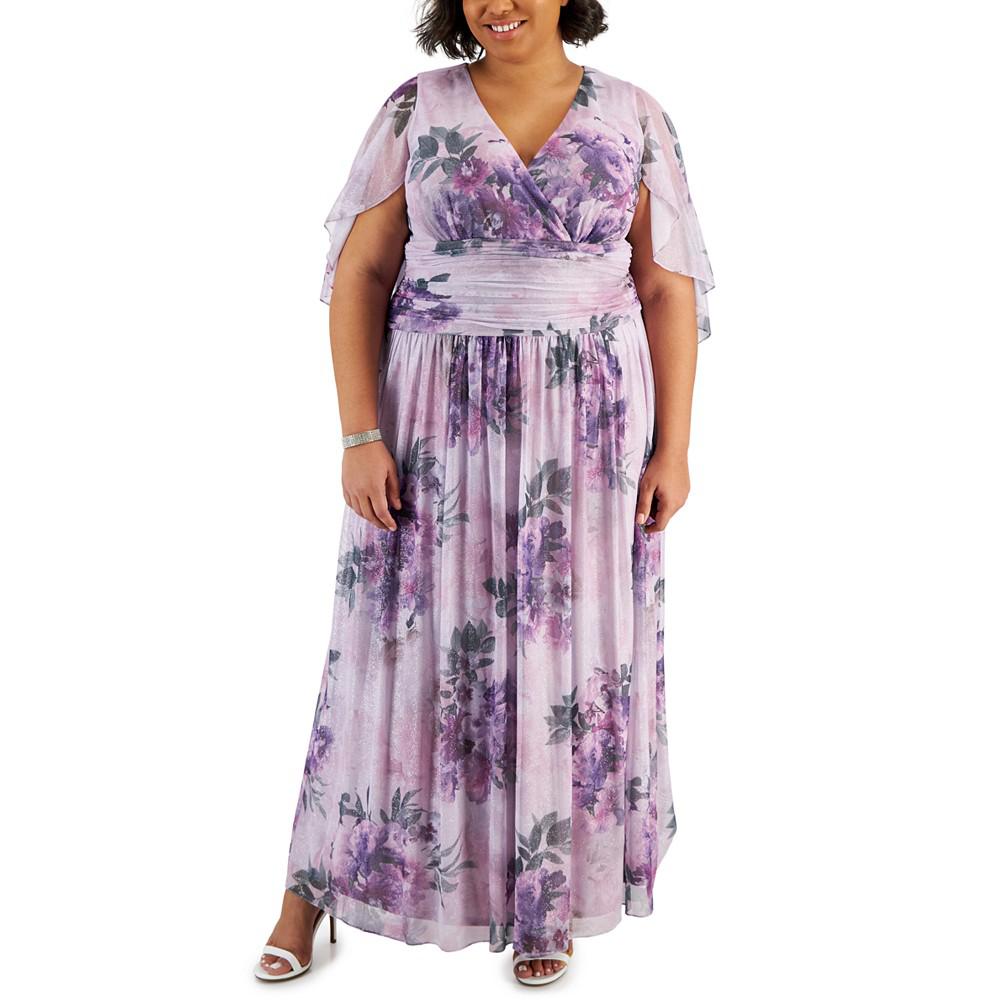 SL Fashions Plus Size Printed Glitter Cape-Overlay Dress