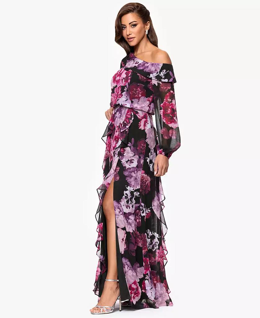 XSCAPE Women's Printed Asymmetrical Long-Sleeve Maxi Dress