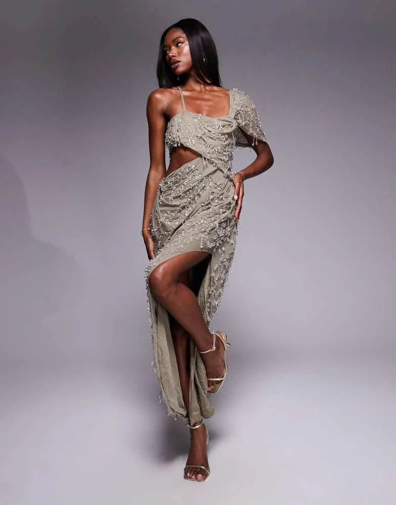 Shop ASOS DESIGN draped off shoulder bandeau maxi dress with