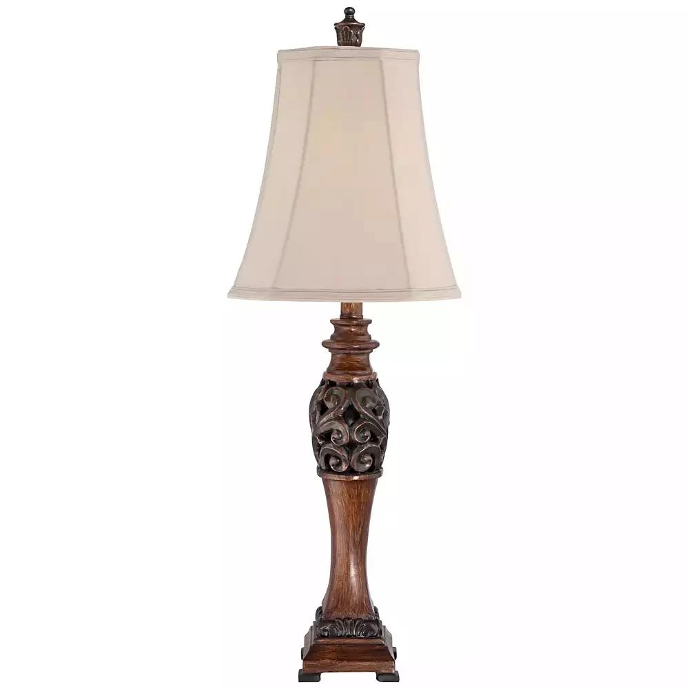 Regency Hill Exeter Traditional Table Lamps 30" Tall Set of 2 Bronze Wood Carved Leaf Cream Rectangular Bell Shade for Bedroom Living Room Bedside 7