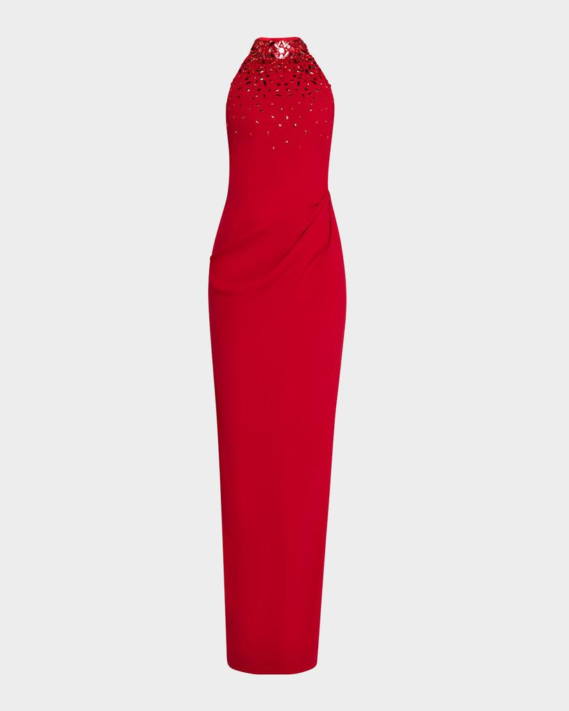 Pamella Roland Crystal Halter Crepe Gown