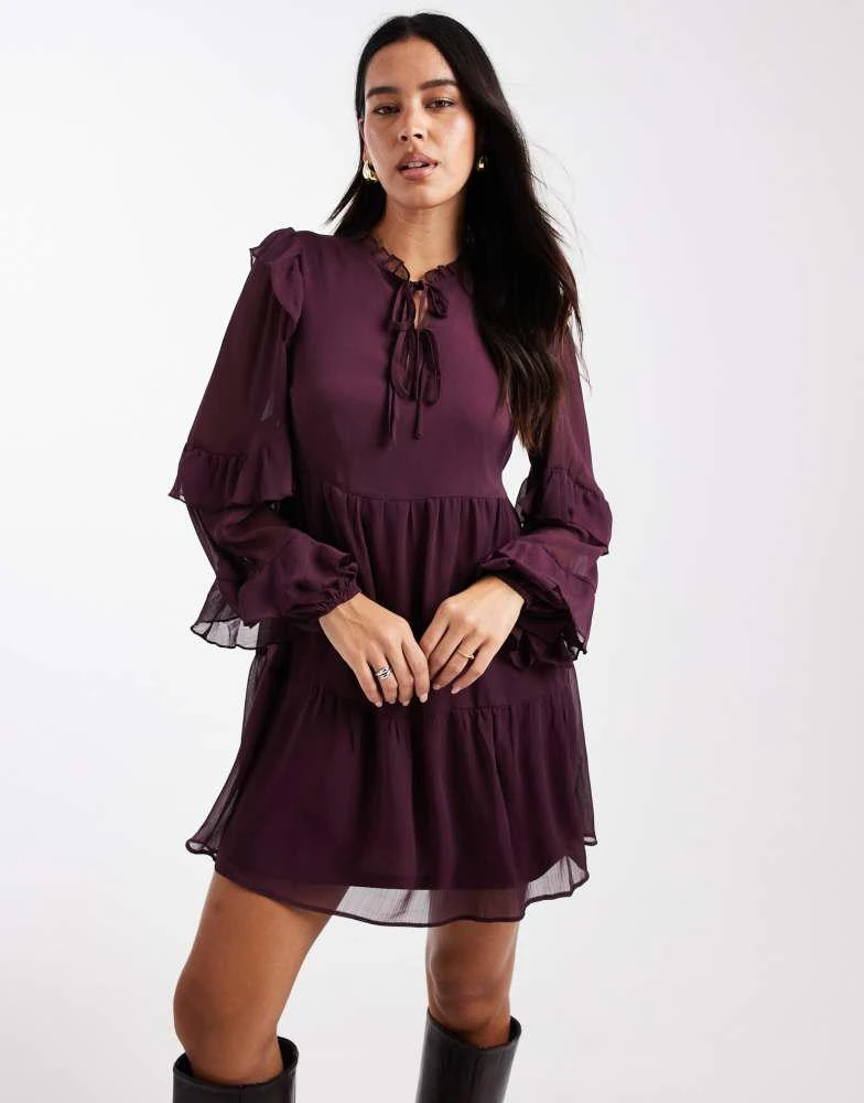 New Look New Look ruffle chiffon long sleeve mini dress in burgundy
