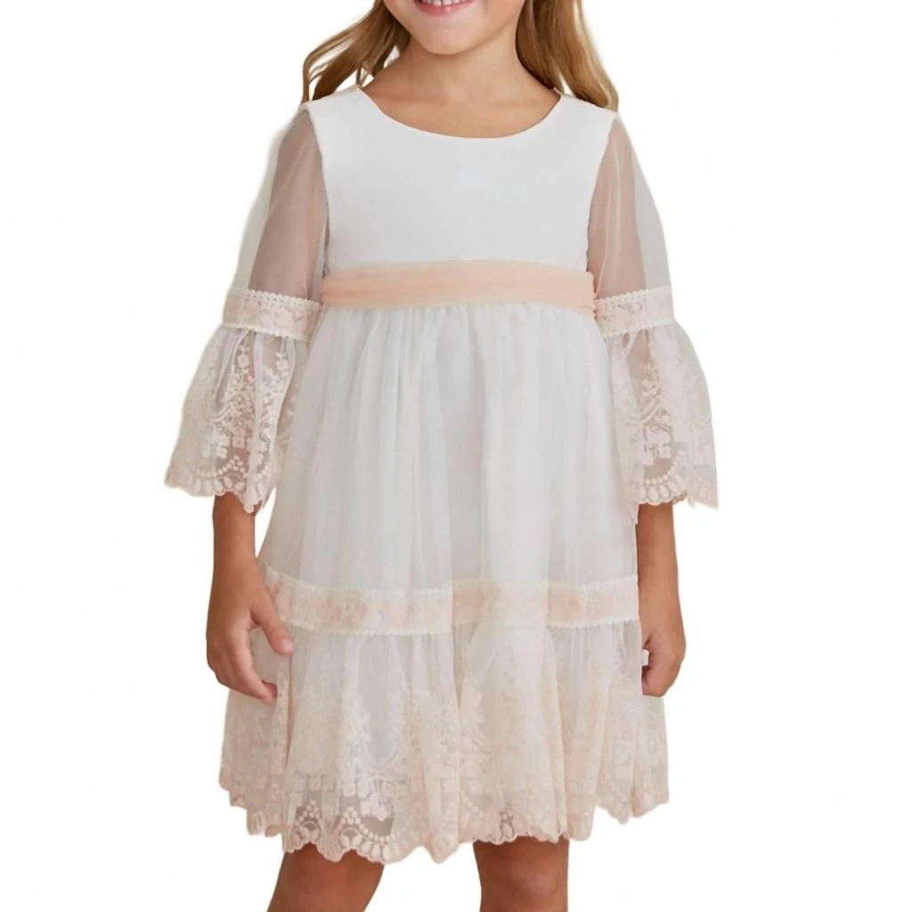 Abel & Lula Girls' Romantic Lace Dress in Cream Salmon - Cream Salmon - US 12