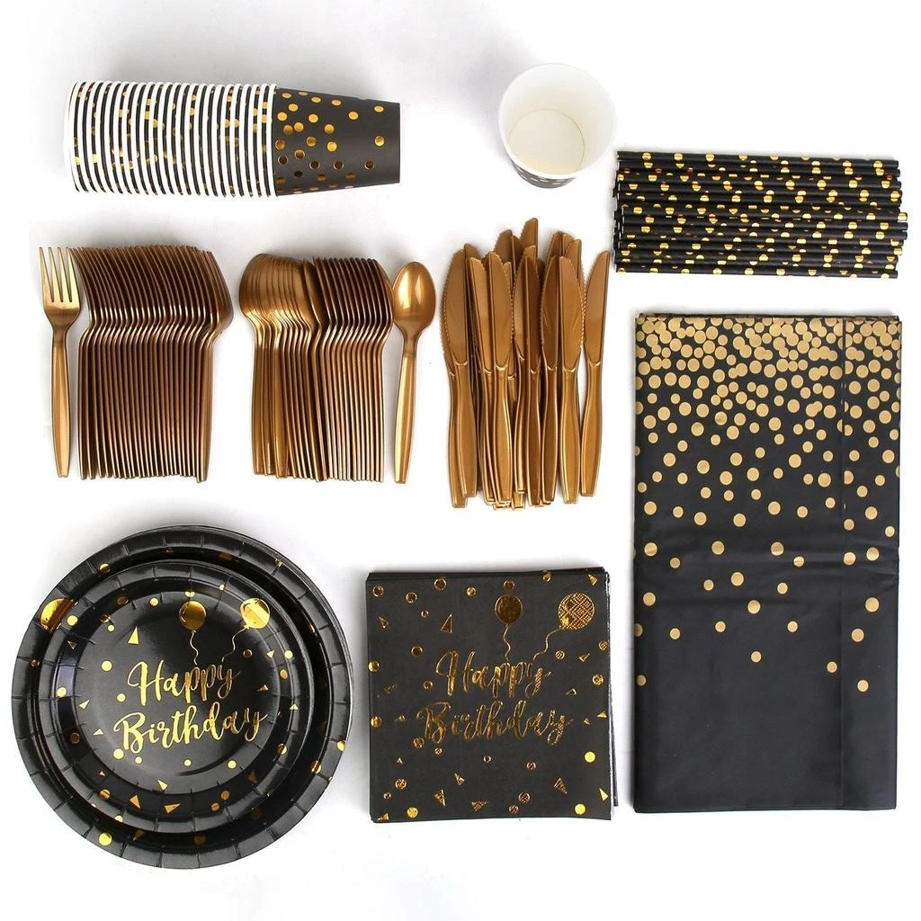 TRIVANCESS 201PCS Black Gold Birthday Party Supplies For 25 Guests Happy Birthday Disposable Dinnerware Set Paper Plates 9OZ Cups Straws Napkins Forks Knives Spoons Tablecloth