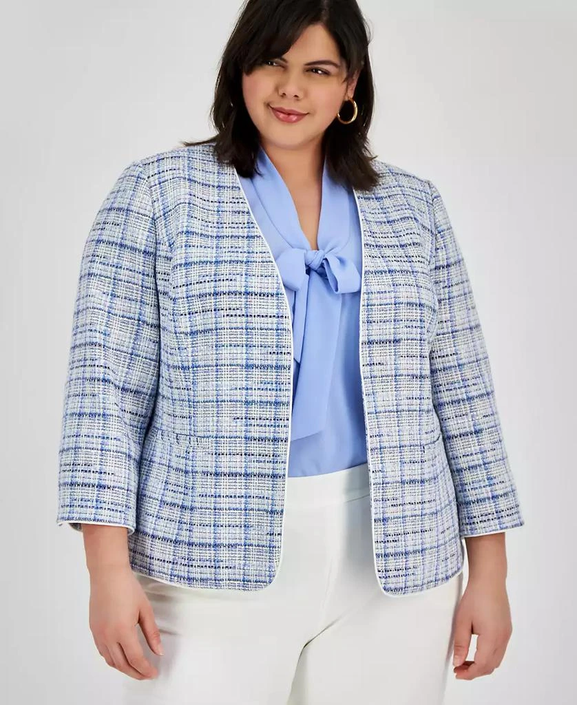 Kasper Plus Size Tweed Piping-Trim Open-Front Blazer 1
