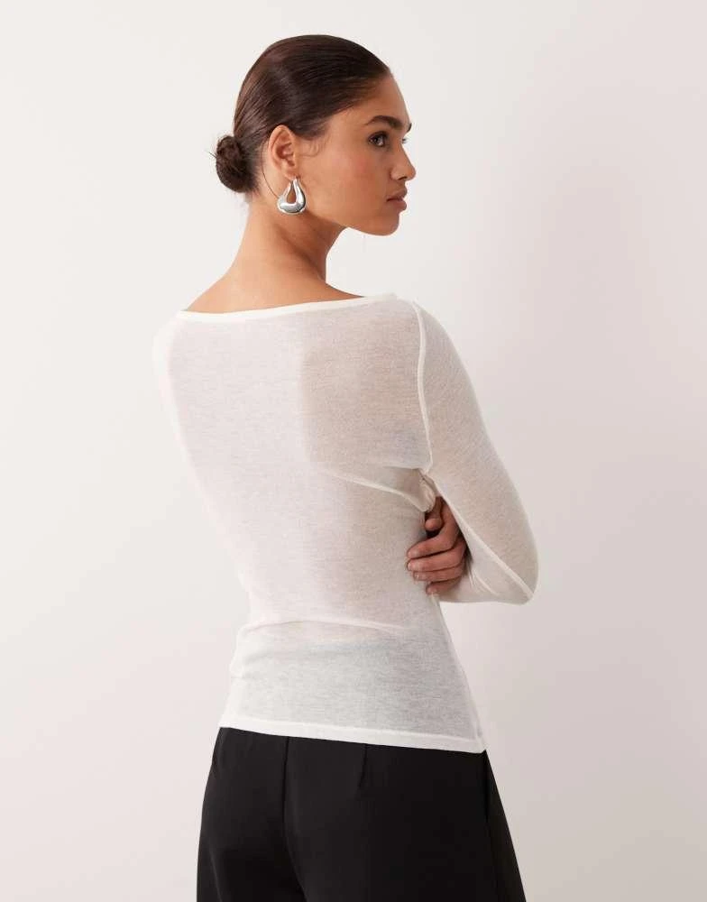 ASOS ASOS DESIGN knit-look semi sheer long sleeve top with ruched bust overlay in ivory 3