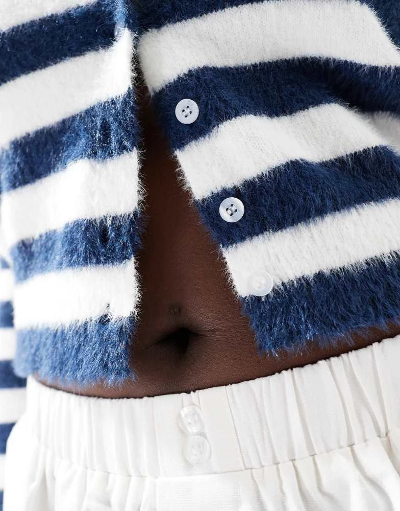 Daisy Street Daisy Street fluffy knit micro cardigan in white navy stripe 3