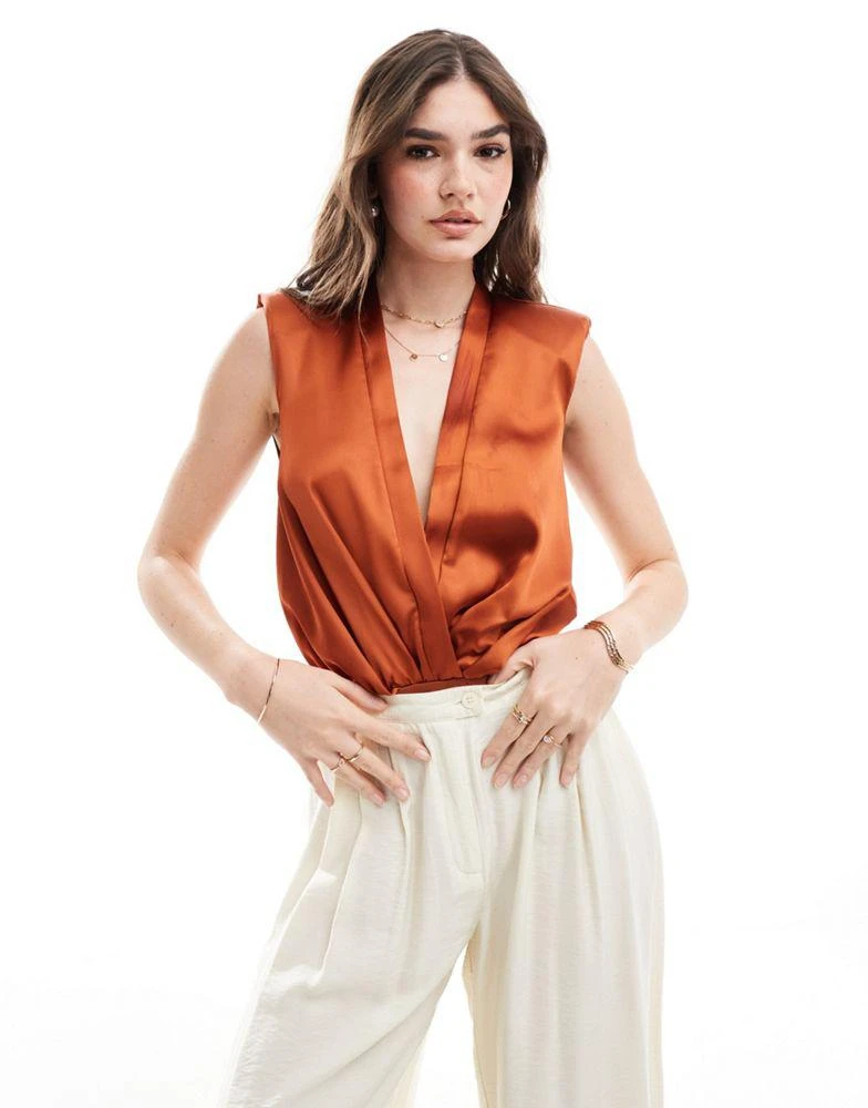 ASOS ASOS DESIGN sleeveless satin plunge bodysuit in rust 1