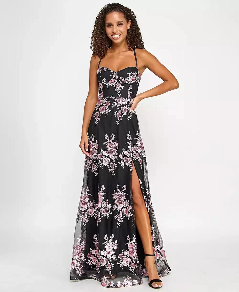 Violet Weekend Juniors' Sequin-Embroidered Corset Side-Slit Gown 1