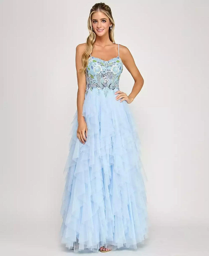Say Yes Juniors' Beaded Corset Ruffle V-Neck Ball Gown