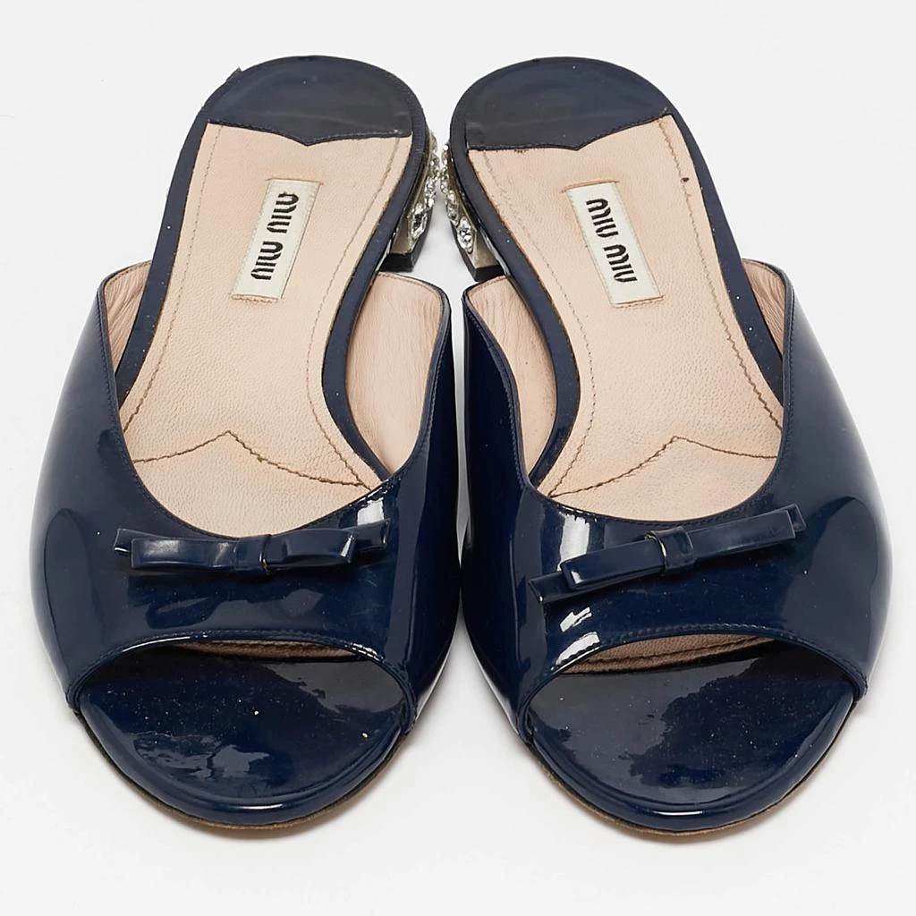 Miu Miu Miu Miu Blue Patent Leather Crystal Embellished Bow Flat Slides Size 38.5 3