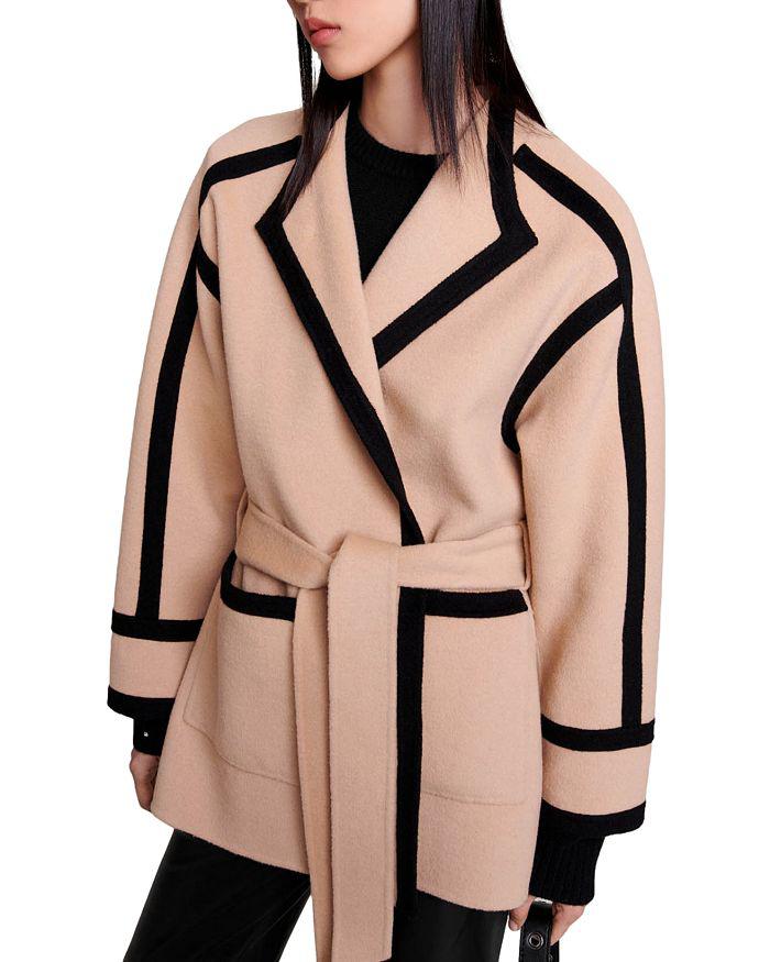 Maje Gicolora Contrast Trim Belted Coat