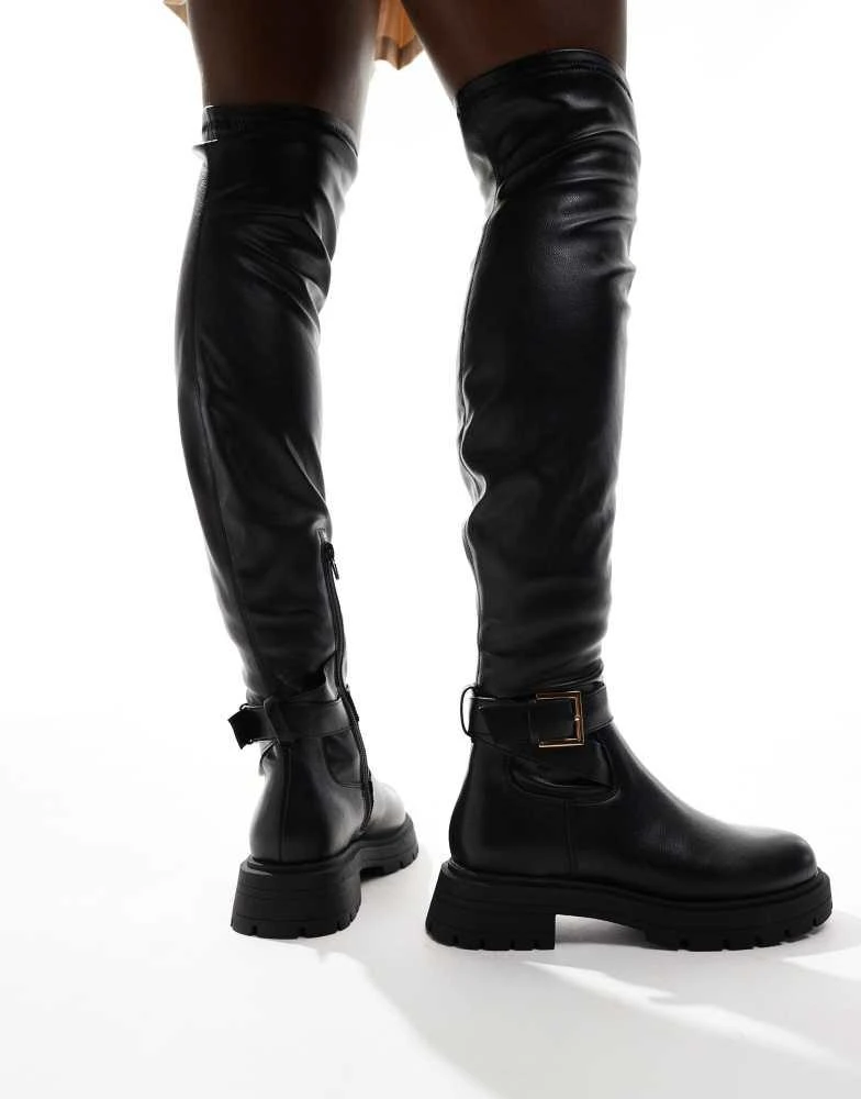 ASOS ASOS DESIGN Kirby buckle detail flat over the knee boots in black 4