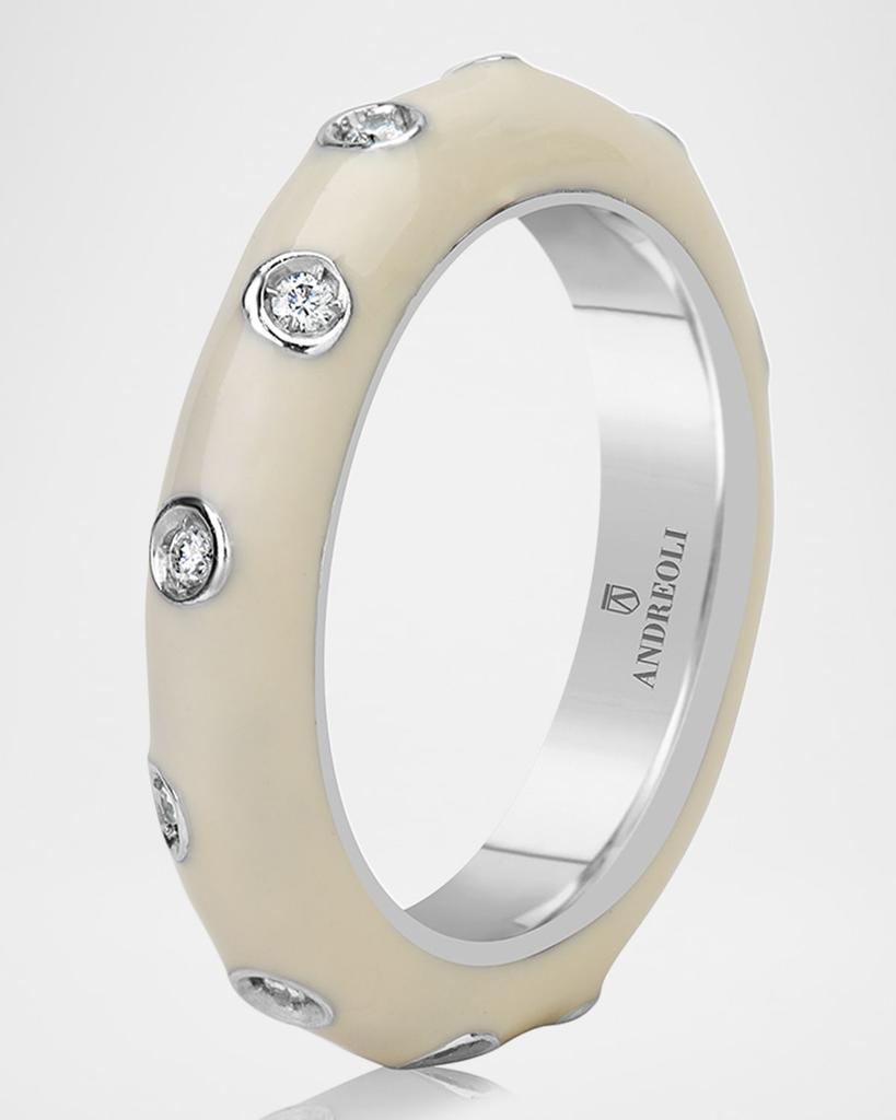 Andreoli 18K White Gold White Enamel Diamond Ring, Size 6.5