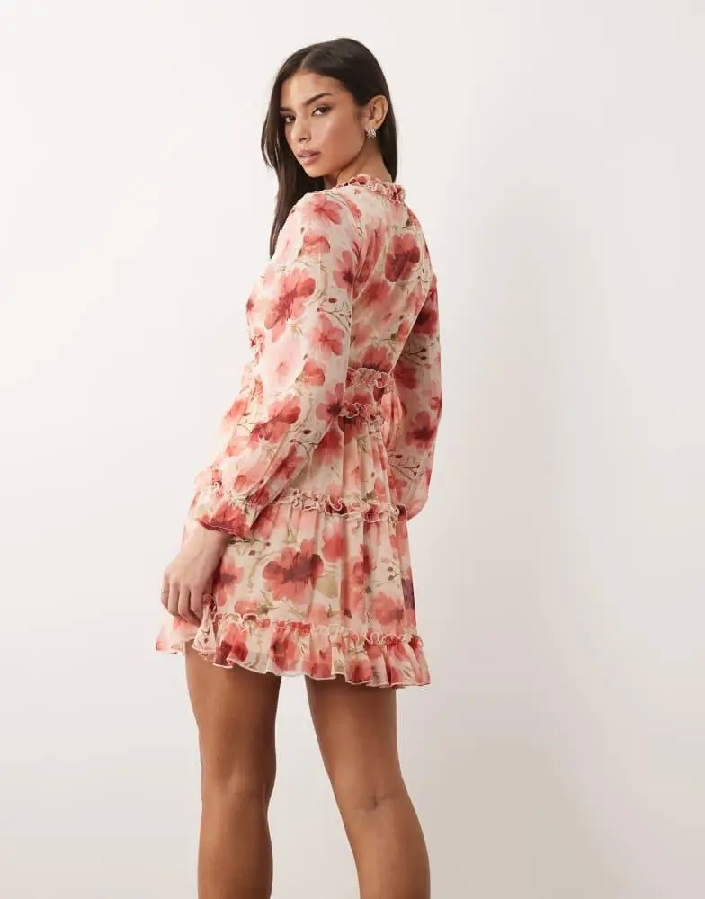 Vila Vila chiffon frill detail mini dress in bright floral print 4