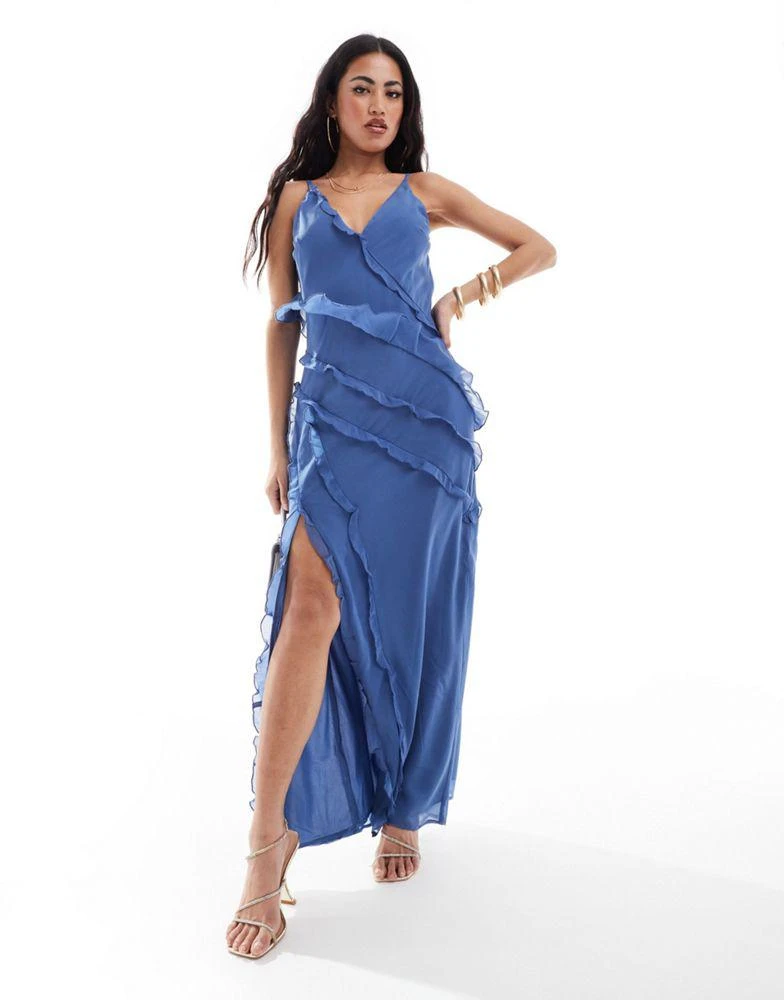 Abercrombie & Fitch Abercrombie & Fitch ruffle maxi dress with side slit in blue 2