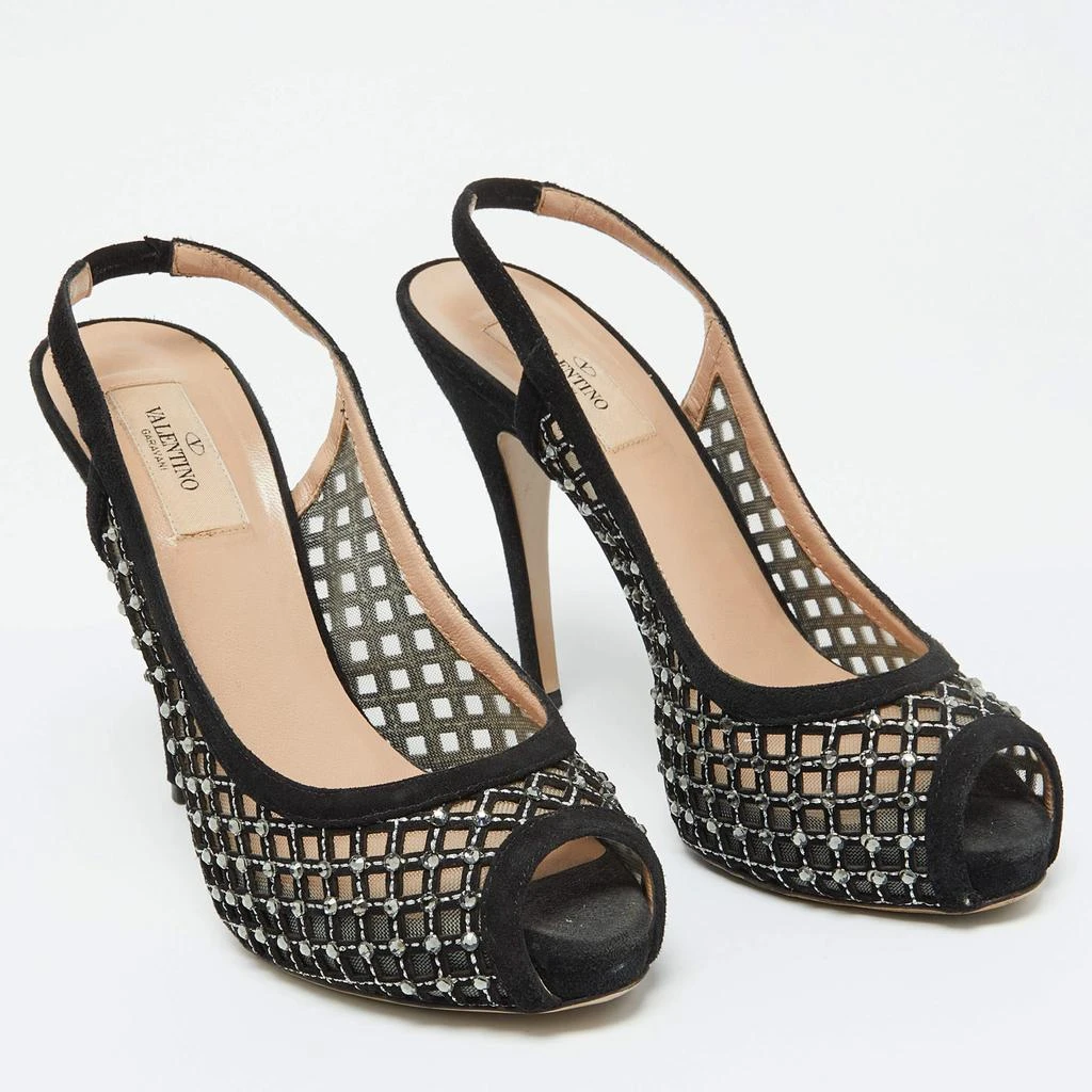 Valentino Valentino Black Mesh and Suede Crystal Embellished Peep Toe Pumps Size 38.5 4