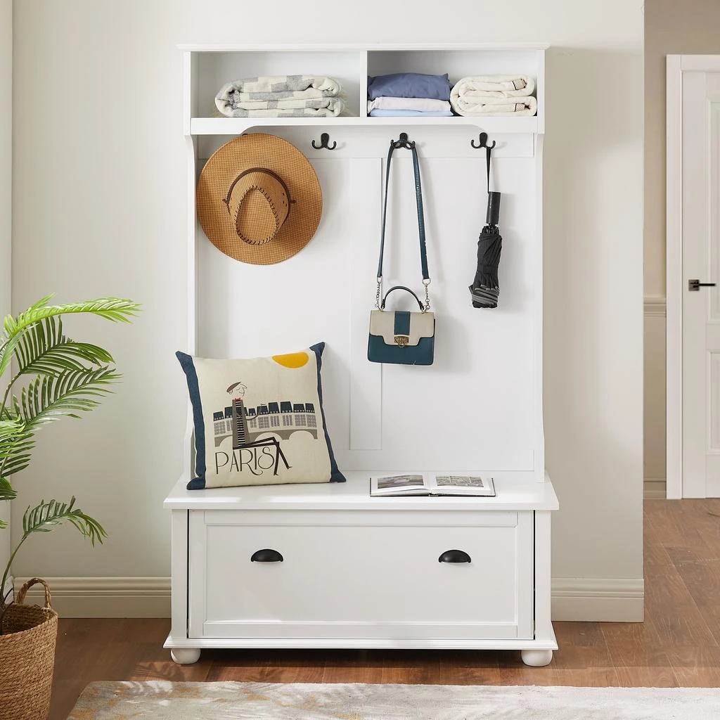 Streamdale Furniture Streamdale Coastal Style White Hall Tree Bench with Shoe Cabinets 1