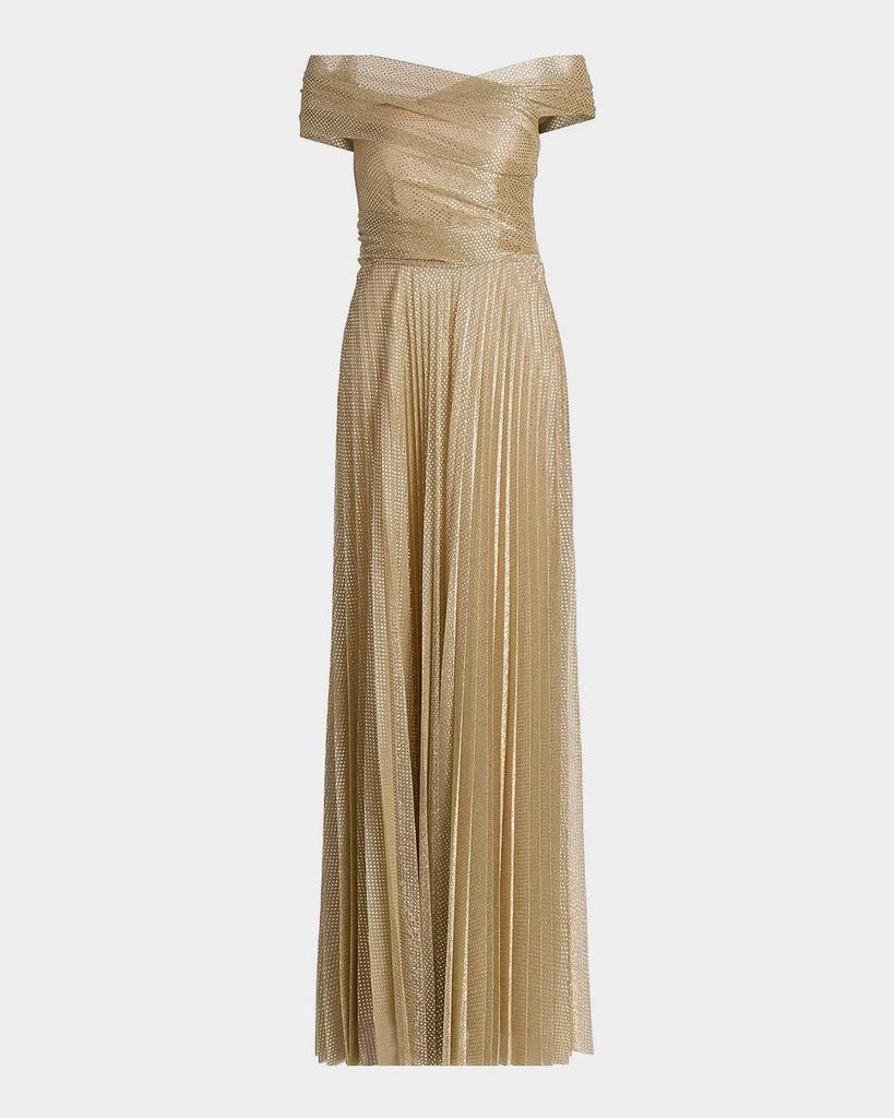 Talbot Runhof Metallic Pin Dot Pleated Off-The-Shoulder Gown