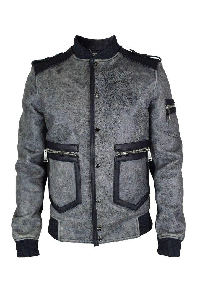 Philipp Plein Aged Gray Leather Jacket