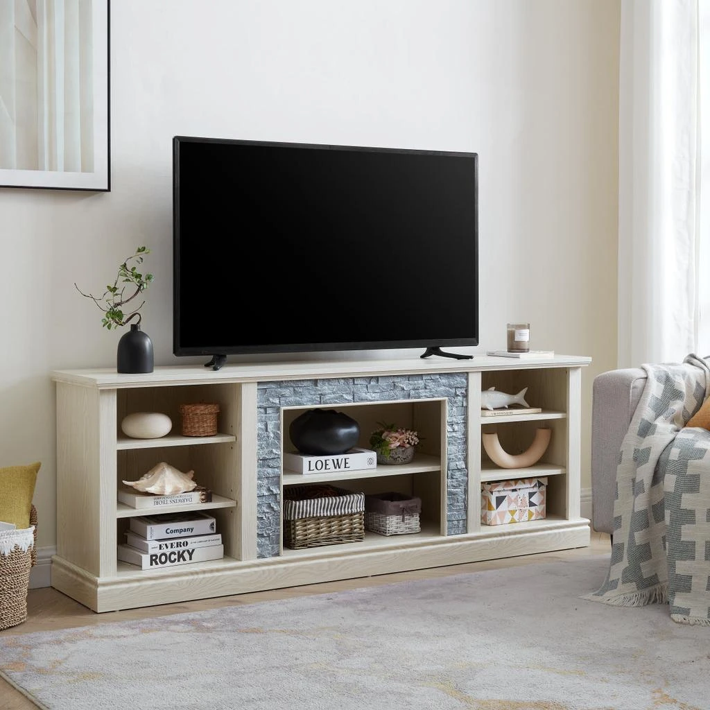 Streamdale Furniture Streamdale Large TV Desk Storage Rack with Faux Stacked Stone Surround, White, 70.12"W*15.35"D*25.83"H 5