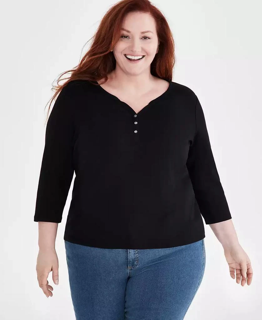 Style & Co Women's Cotton 3/4-Sleeve Henley Tee, Created for Macy's 3