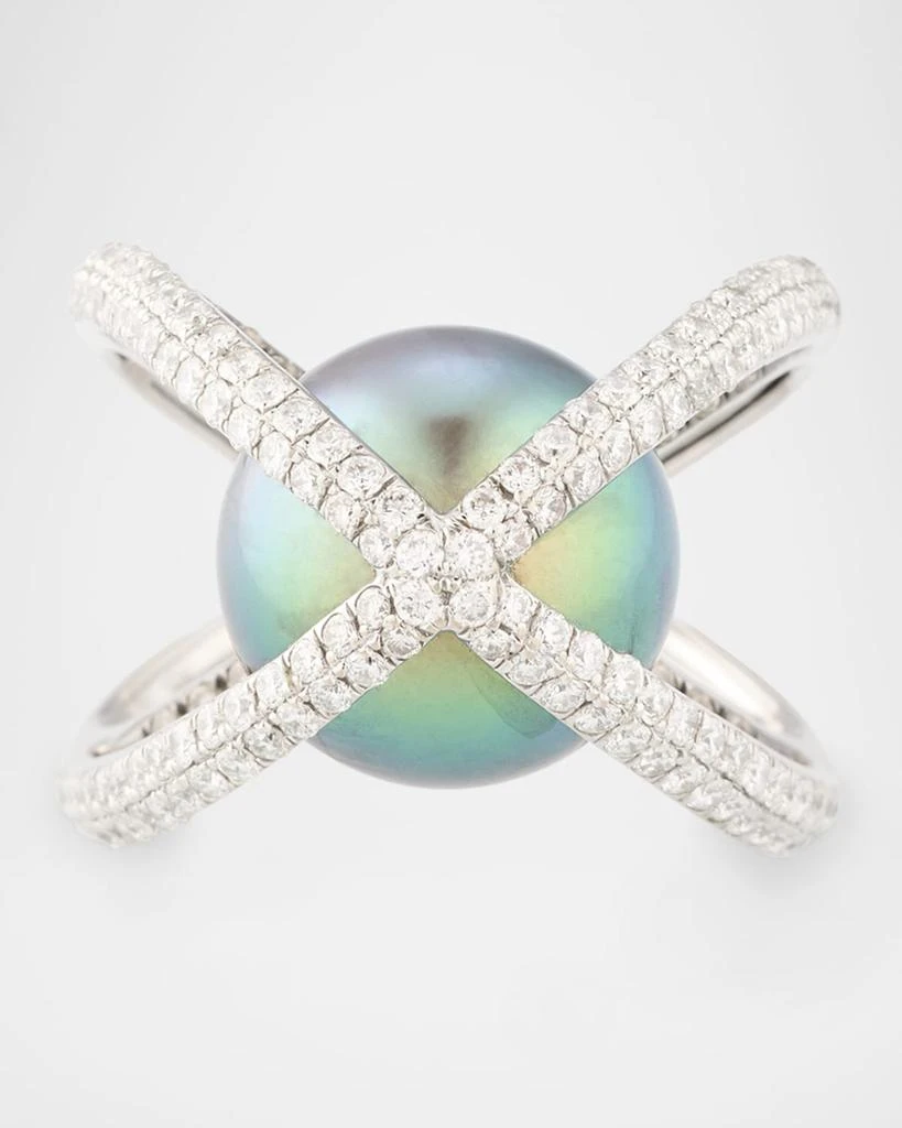 BELPEARL 18K White Gold Tahitian Pearl and Diamond Ring, Size 7 1