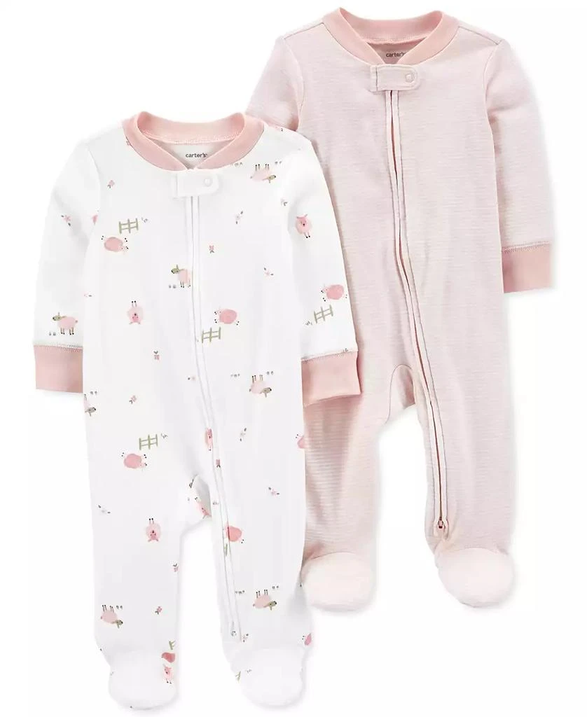 Carter's Baby Girls and Baby Boys Cotton Two Way Zip Footed Coveralls, Pack of 2 1
