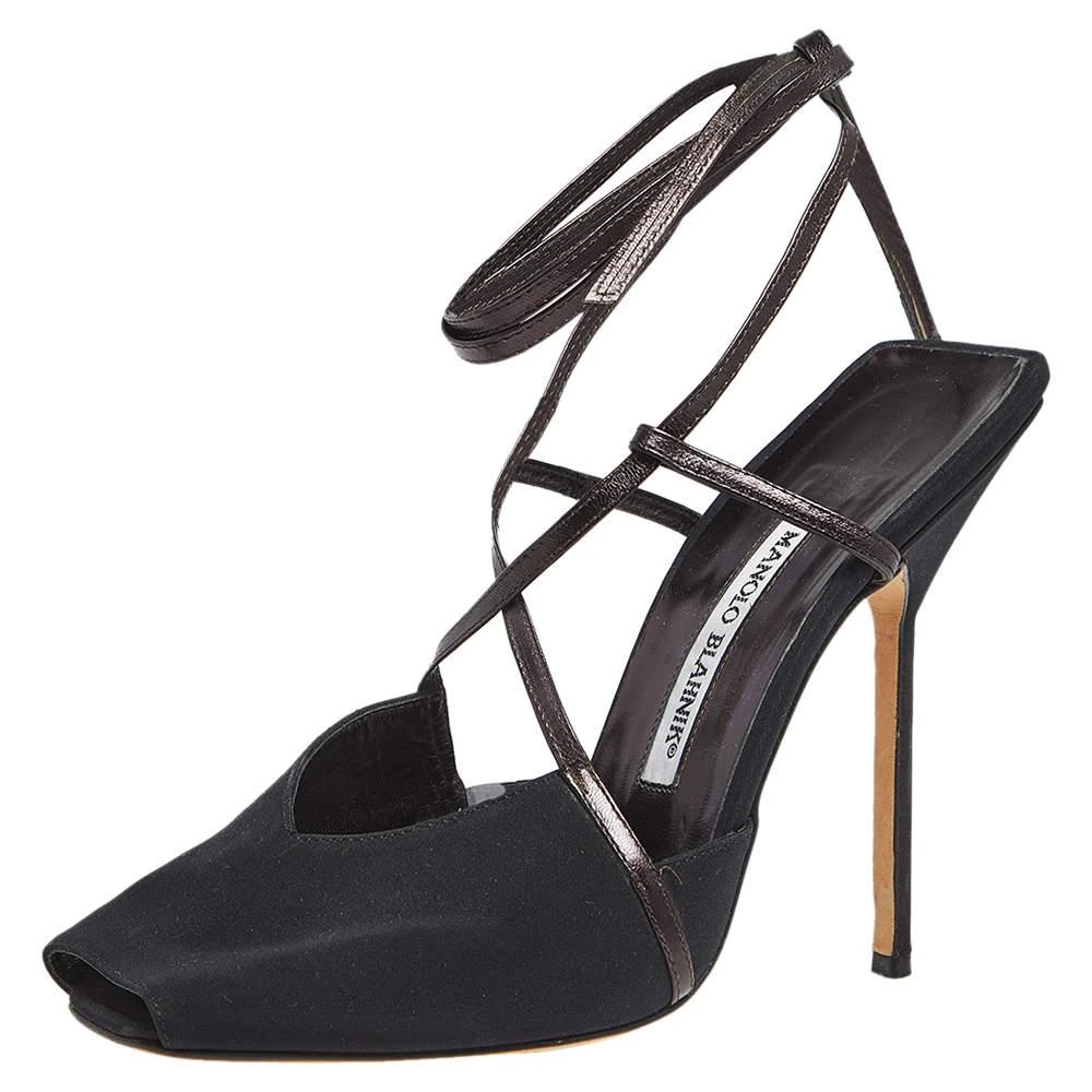 Manolo Blahnik Manolo Blahnik Black/Plum Satin and Leather Square Peep-Toe Ankle-Tie Sandals Size 38.5 1