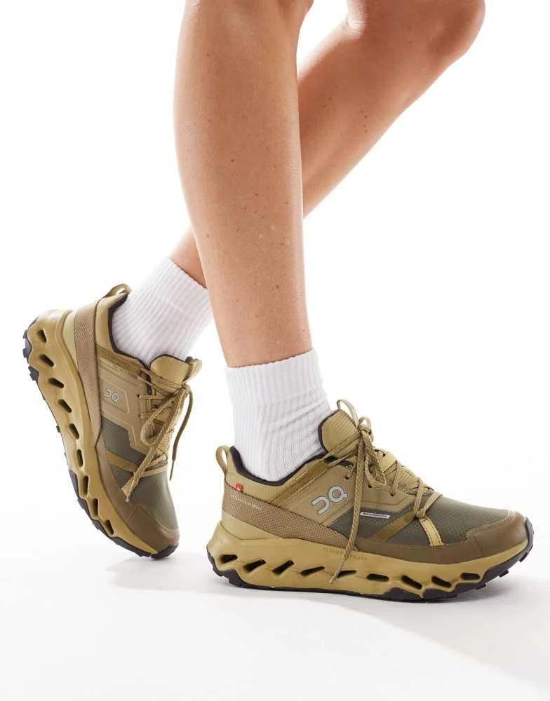 On ON Cloudhorizon waterproof all day trainers in safari brown and olive 3