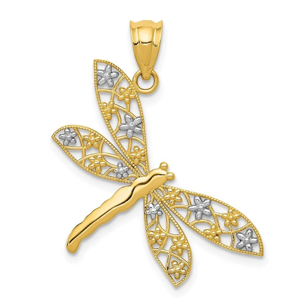 Diamond2Deal 14k Yellow Gold Rhodium Filigree Dragonfly Pendant