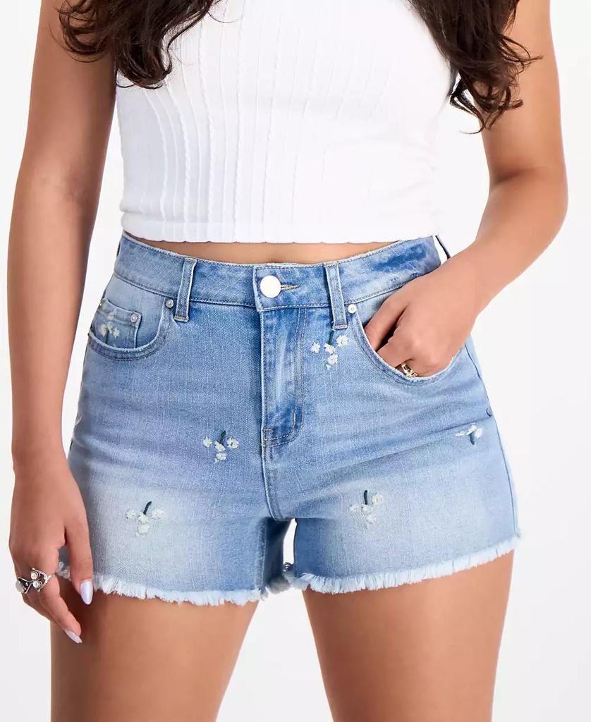 Indigo Rein Juniors' Embroidered Floral Frayed-Hem Denim Shorts