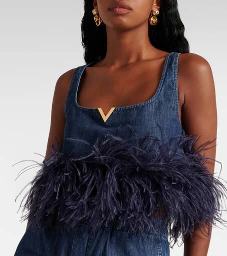 Valentino VGold feather-trimmed denim bra top 4