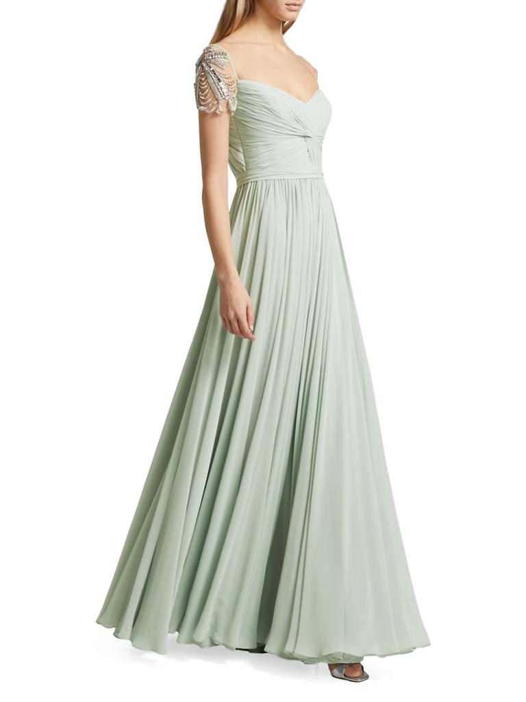 REEM ACRA Chiffon Embellished Pleated Gown