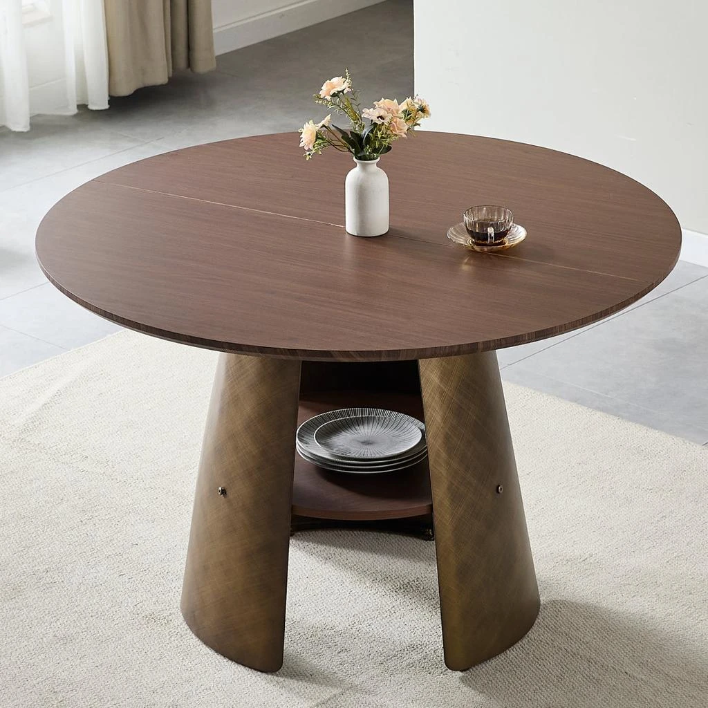 Streamdale Furniture Streamdale 47.25" Round Dining Table, Retro Style, Seats 4-6, Walnut Wood/Bronze. 5