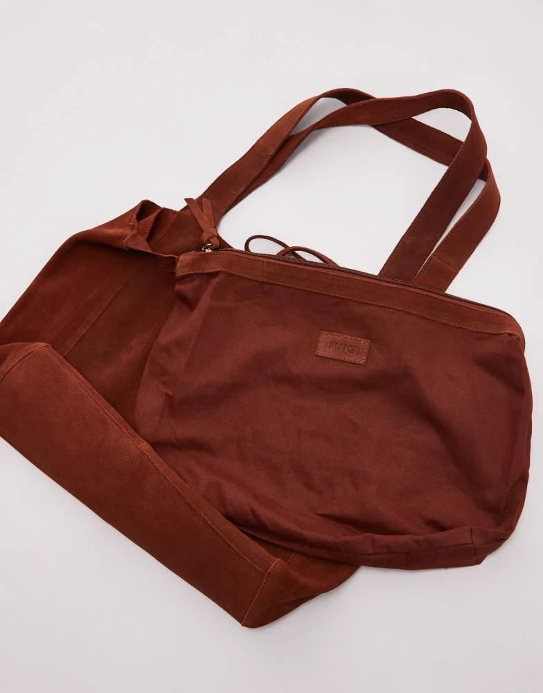 Mango Mango tie detail zip through suede tote bag in burnt orange 4