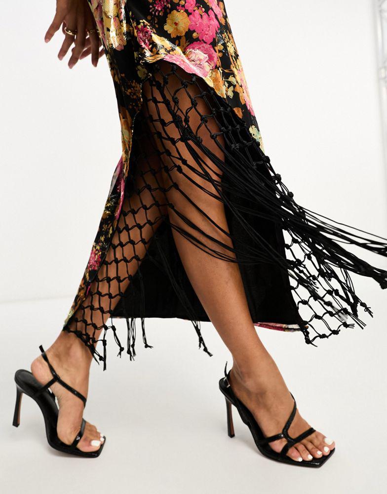 ASOS DESIGN ASOS DESIGN macrame detail maxi slip dress in mixed metallic prints