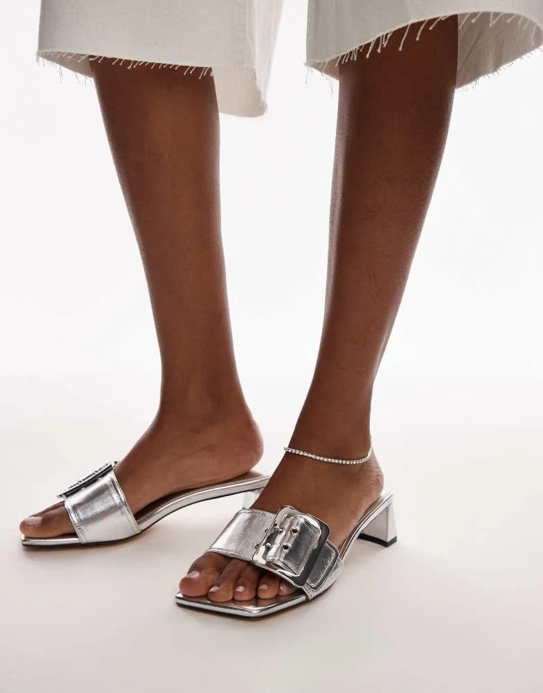 Topshop Topshop Ila heeled mules with buckle in silver 1