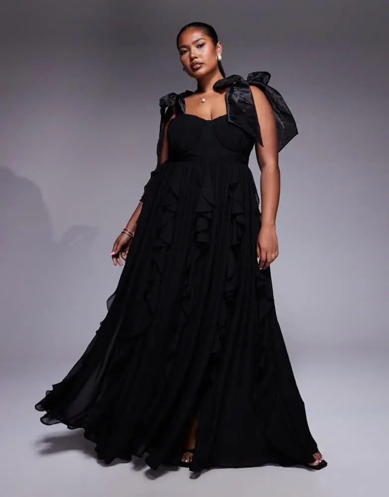 ASOS LUXE Curve maxi dress with waterfall ruffles and tie straps in Black ASOS LUXE Curve maxi dress with waterfall ruffles and tie straps in Black