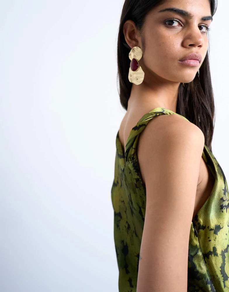 Topshop one sleeve twist strap satin maxi dress in green floral