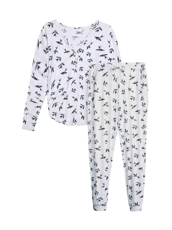 AQS 2-Piece Bird-Print Shirt & Pants Pajama Set