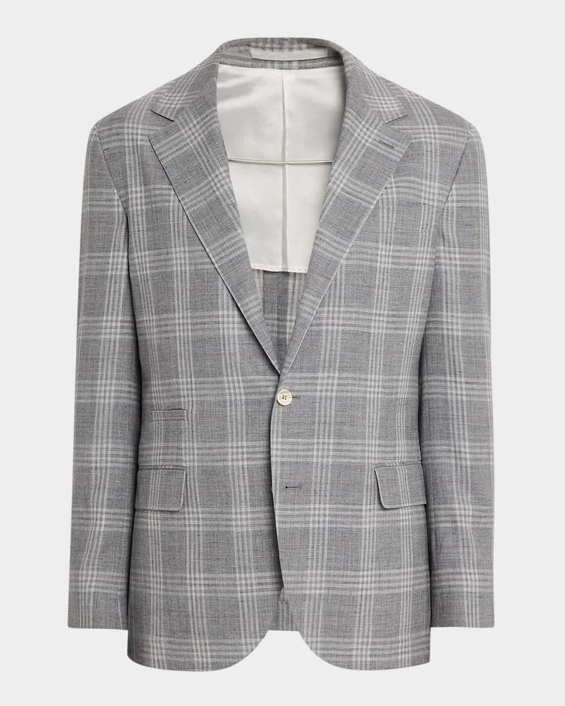 Brunello Cucinelli Men
s Wool, Silk and Linen Plaid Single-Breasted Suit Jacket