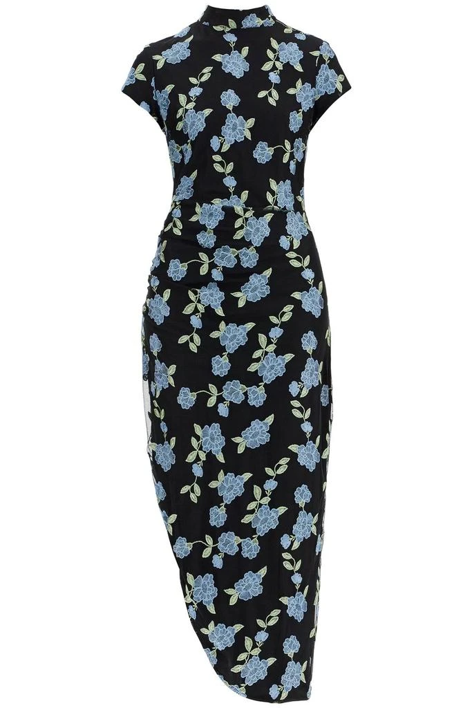 ROTATE Birger Christensen Asymmetrical Black Floral Mesh Midi Dress For Women For Special Events 1