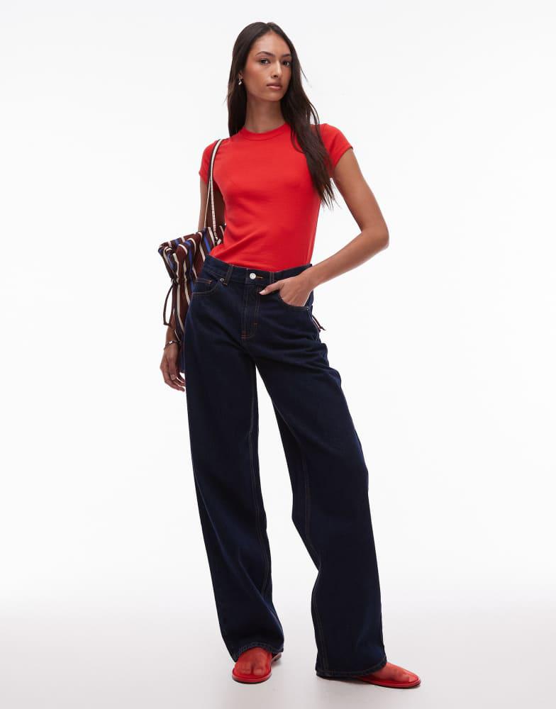 Topshop Topshop Tall Cinch low rise relaxed jean in raw look indigo